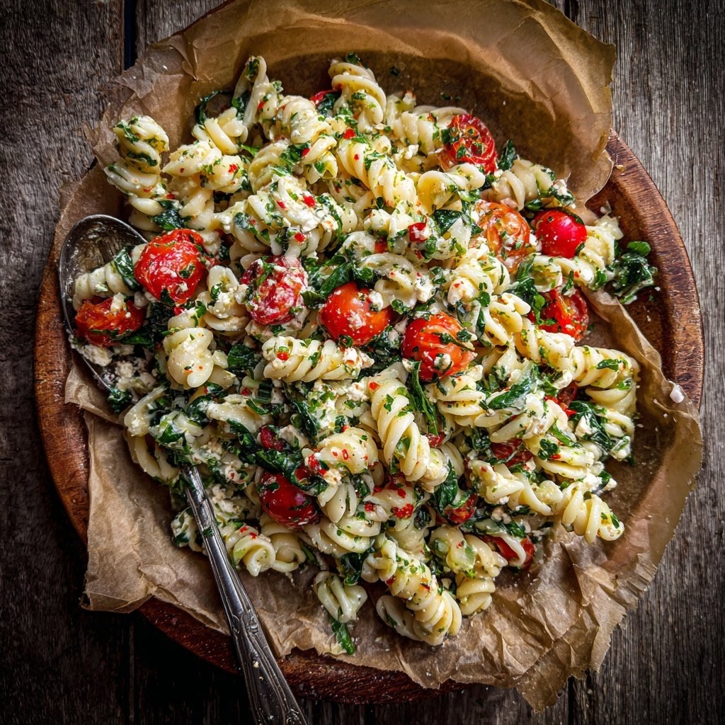 Mediterraner Nudelsalat Mit Spinat